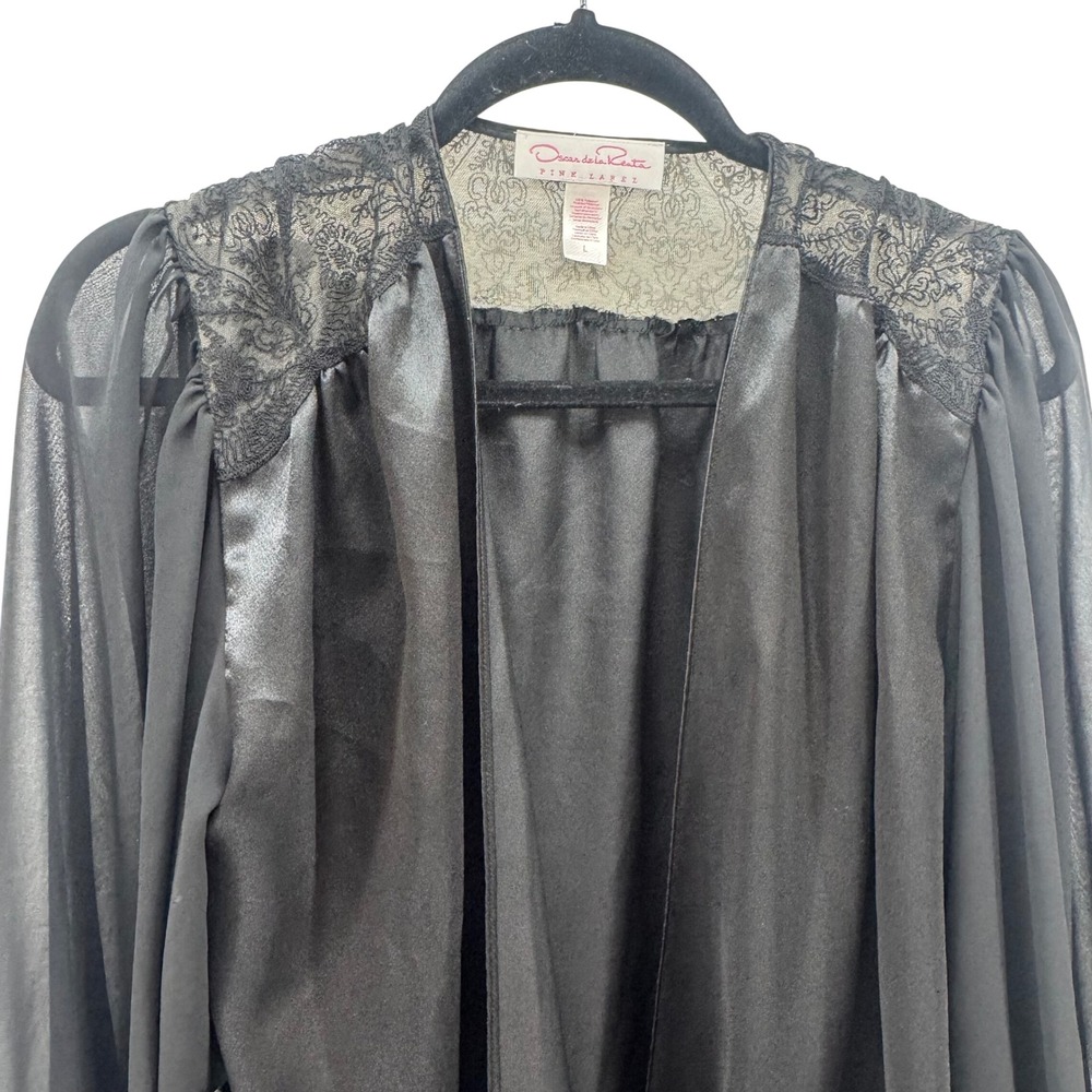 Oscar de la Renta Pink Label Black Lace Trim‎ Sheer Robe Kimono Duster L